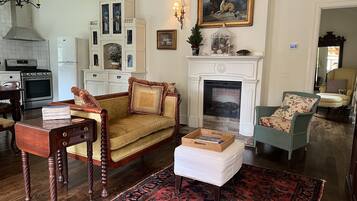 TV, fireplace, books