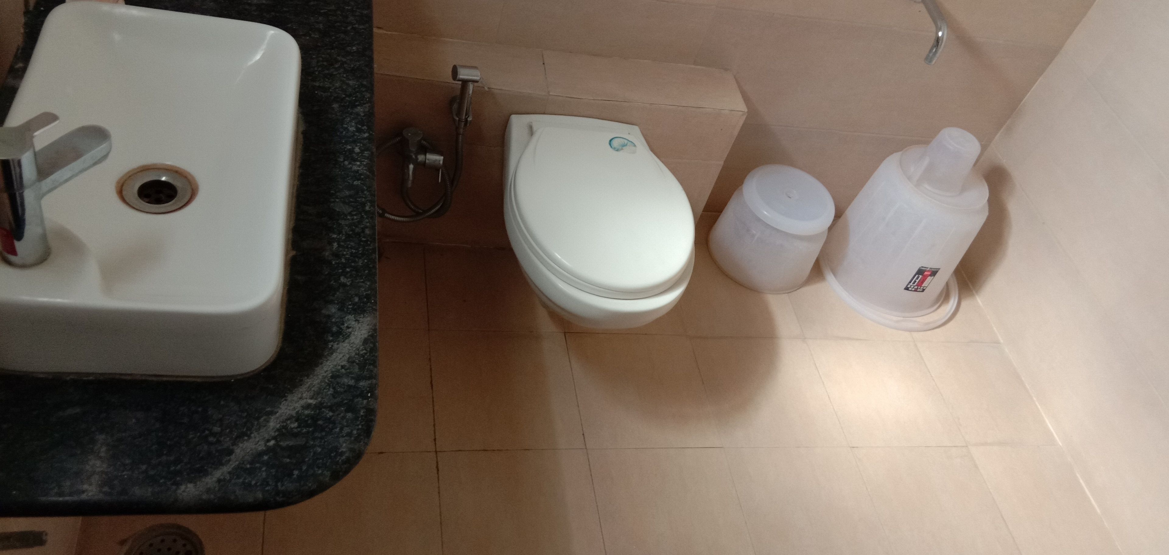 A bathroom with a white sink, a toilet, and two white containers on the floor.