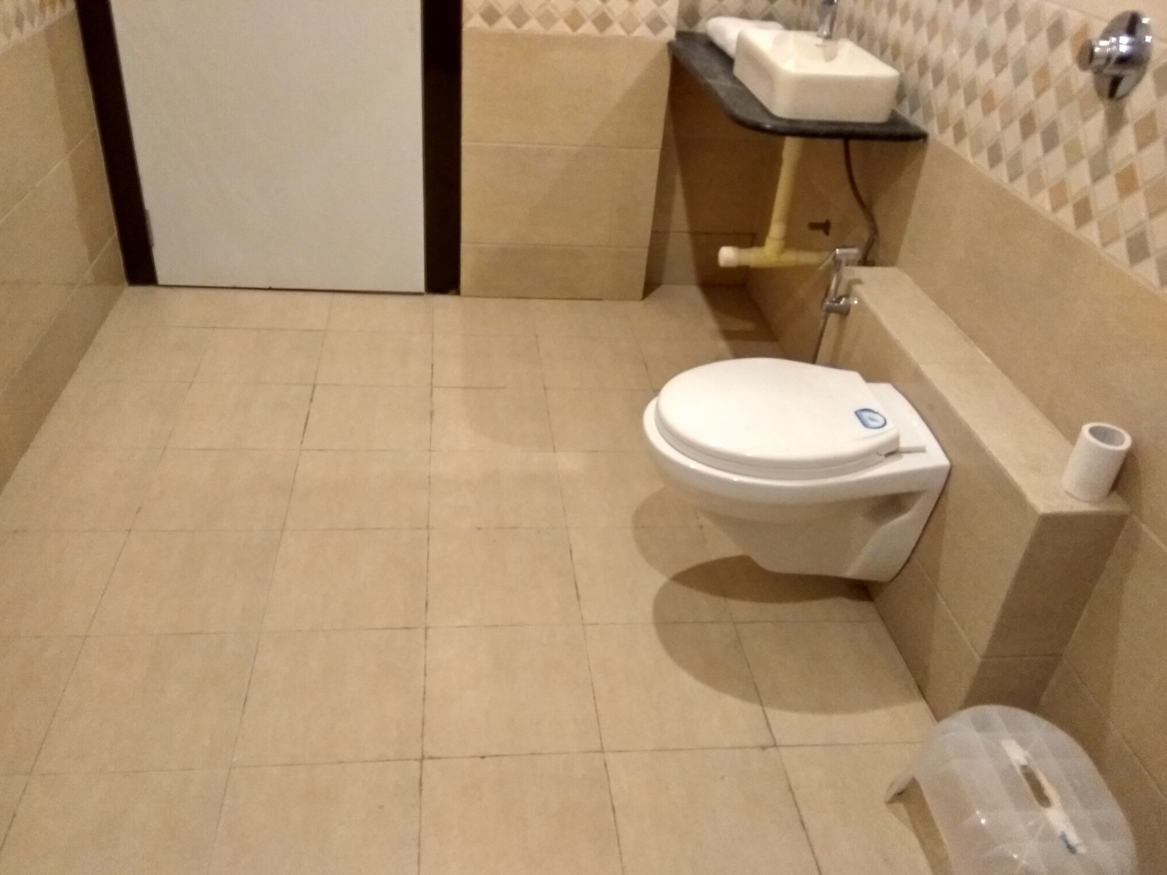 A bathroom with a toilet, a sink, and a toilet paper holder.