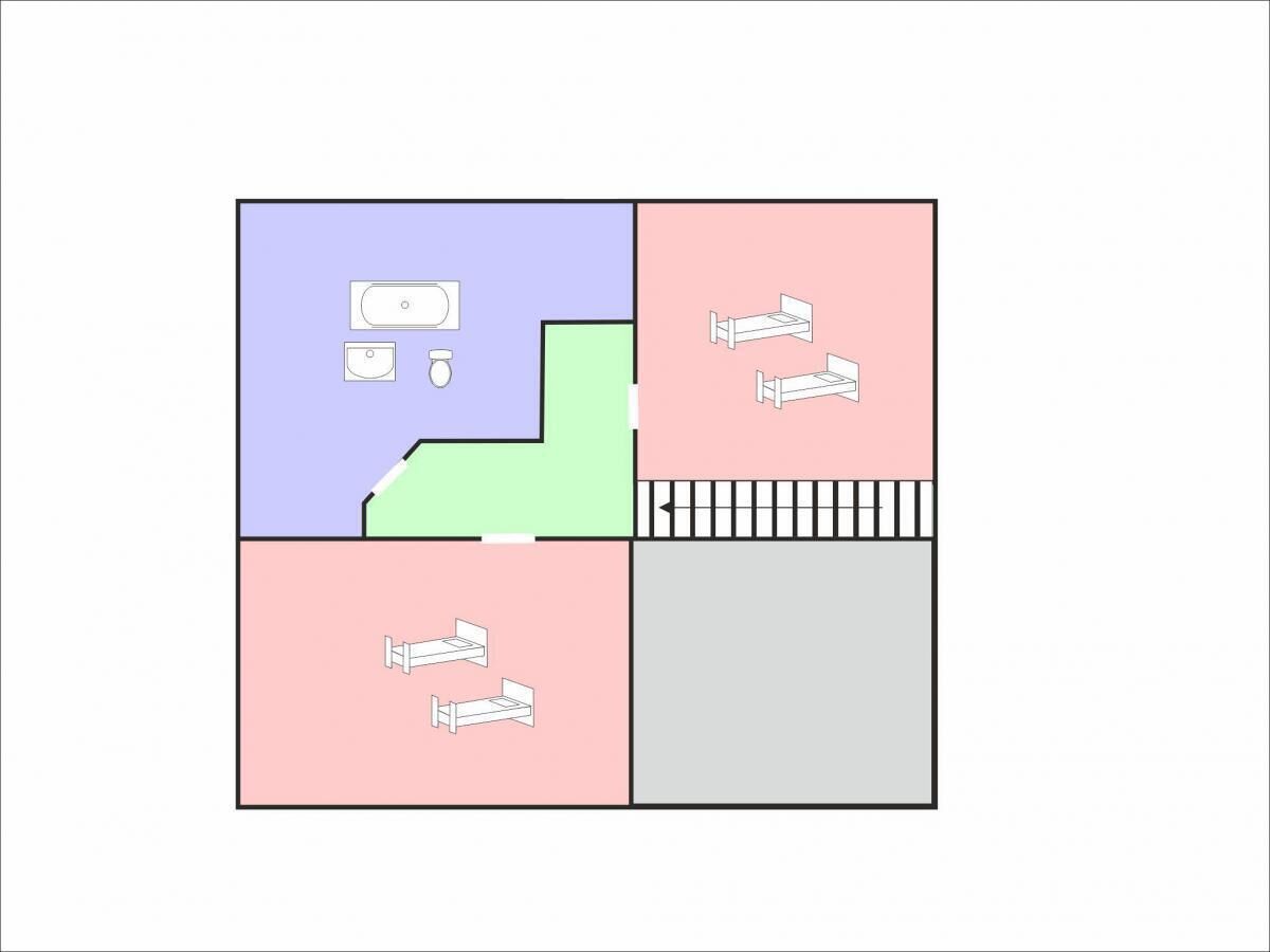 Distribución de una habitación con baño, cama y una pequeña zona de estar.
