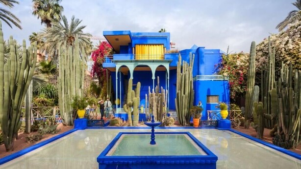 A building with blue architecture surrounded by cacti and palm trees. - Charming little studio in Marrakech 4095 (Marrakech)