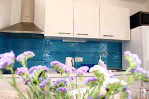 Kühlschrank, Mikrowelle, Herdplatte, Wasserkocher mit Kaffee-/Teezubehör