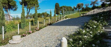 A stone pathway leading uphill with a stone railing on one side and a fence on the other.