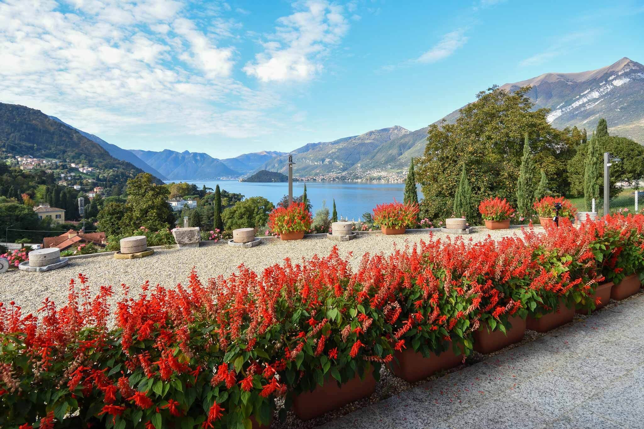 Una vista panoramica su un lago, con montagne sullo sfondo, circondato da piante fiorite di colore rosso e alberi.