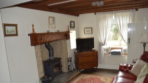 A cozy living room with a fireplace, a television, a red leather sofa, and a patterned rug. - The Old Farmhouse
3 bed cottage Hot Tub, Dog/cat friendly  onsite fishing (Pickering)