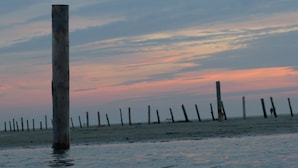 A beach with wooden posts and a sunset sky.