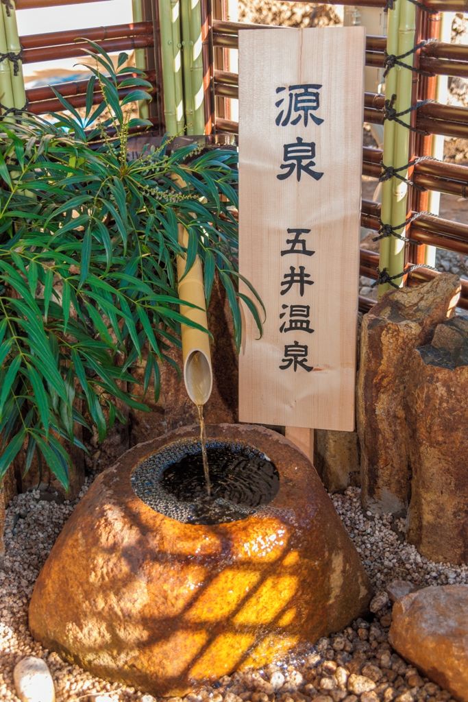 A traditional Japanese water feature with a wooden sign, surrounded by rocks and bamboo plants.