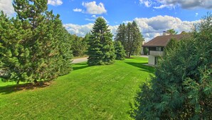 A residential property with a well-maintained lawn, a variety of trees, and a house with a brown roof.