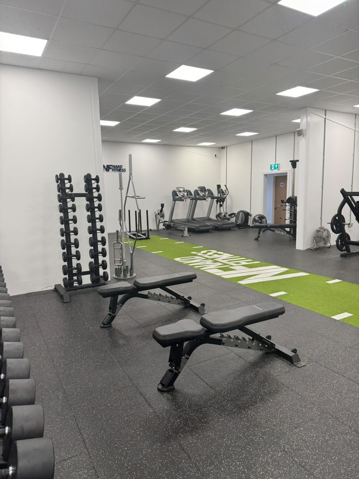 Un gimnasio con equipo de levantamiento de pesas, cintas de correr y una zona de ejercicios verde.