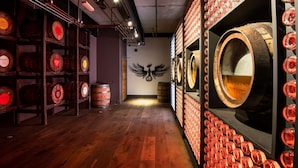 Een gang bekleed met houten vaten en planken, leidend naar een muur met een groot vat en een gevlinderd embleem.