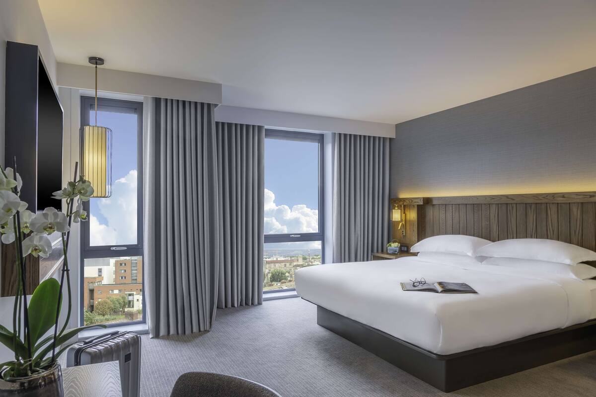 Een moderne hotelkamer met een groot bed, uitzicht op de stad en een potorkidee.
