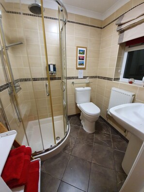 A bathroom with a glass-enclosed shower, a toilet, and a sink. - Craig Eithin B & B Holyhead (Holyhead)