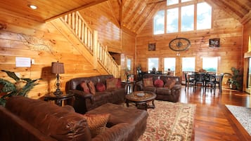 Cabin, Multiple Beds, Jetted Tub, Mountain View | Living room | TV, fireplace