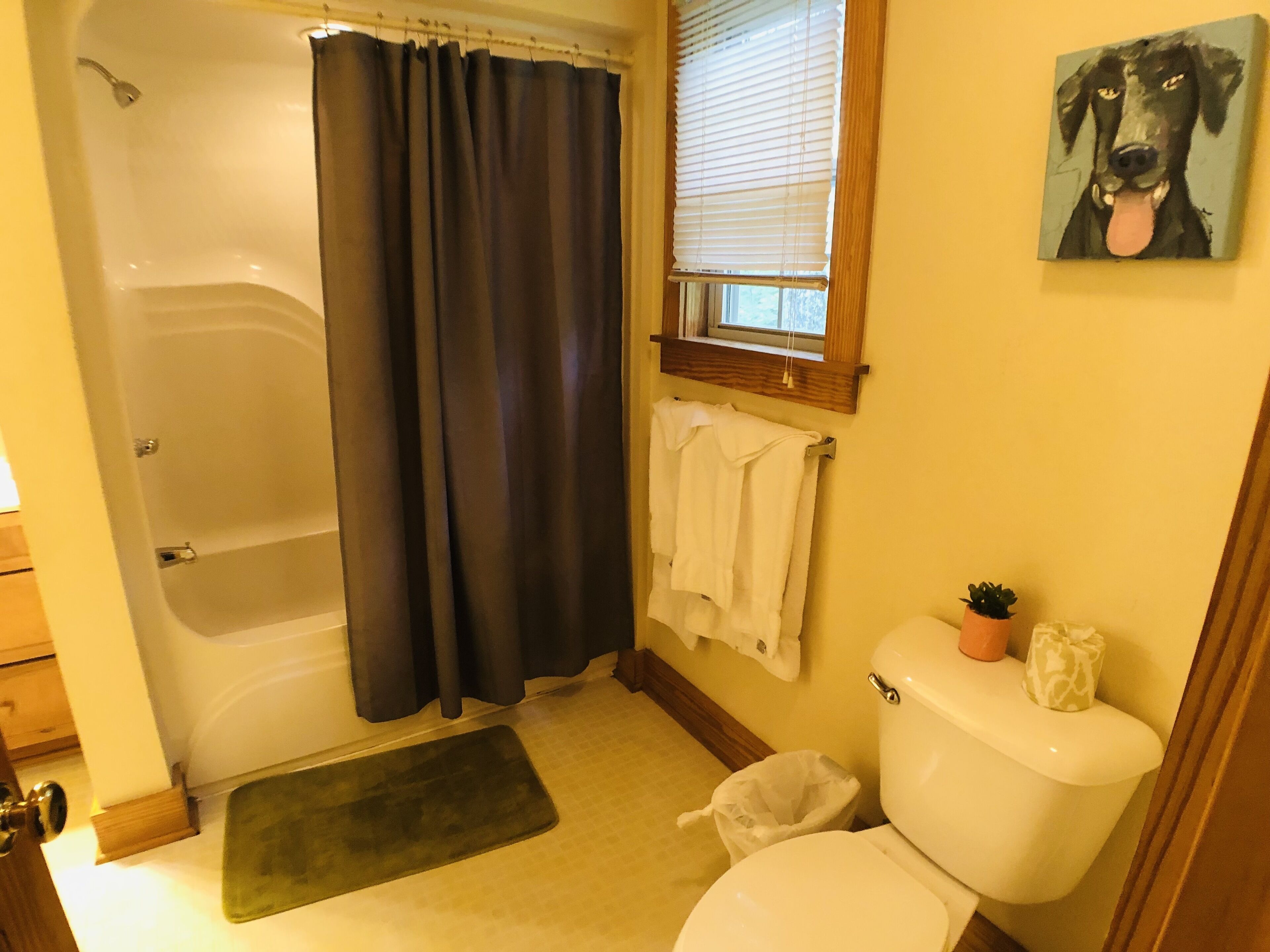Une salle de bain avec une baignoire, des toilettes et une fenêtre avec des stores.