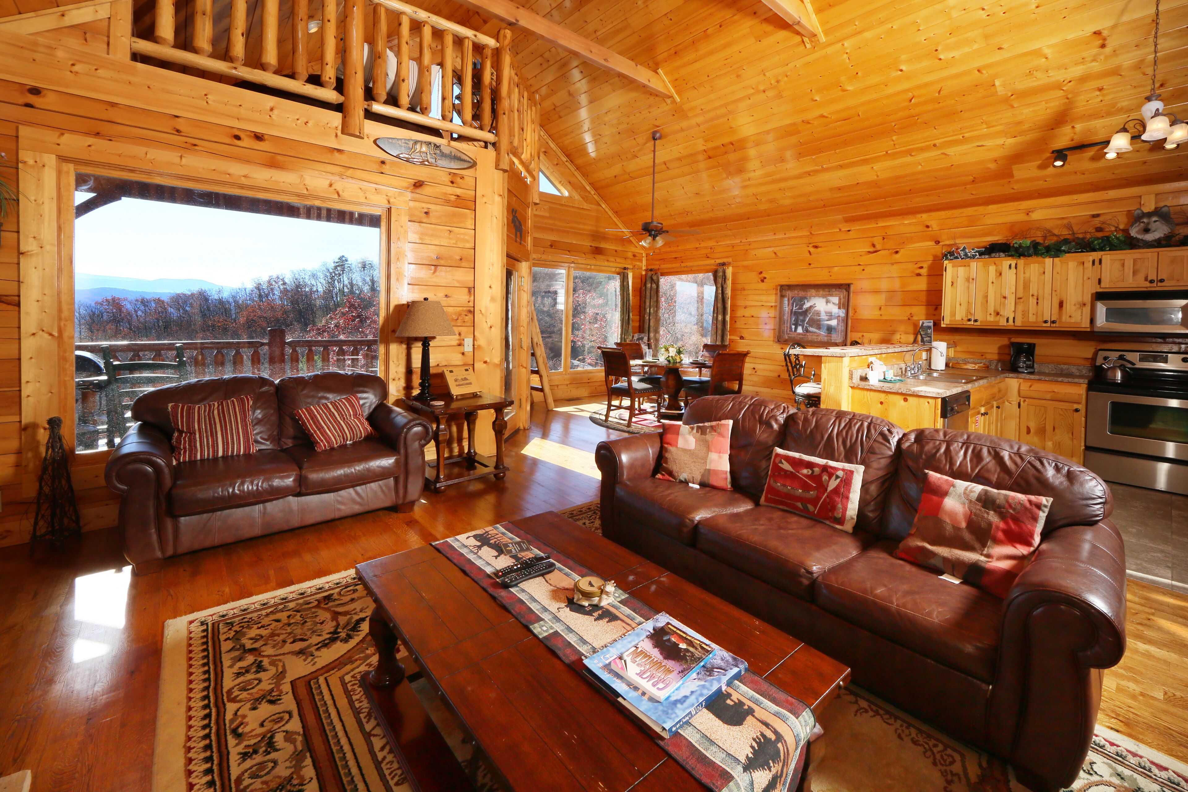 Cabin, Multiple Beds, Hot Tub, Mountain View | Living area | 40-inch flat-screen TV with cable channels, TV, fireplace