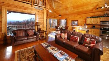 Cabin, Multiple Beds, Hot Tub, Mountain View | Living area | 40-inch flat-screen TV with cable channels, TV, fireplace