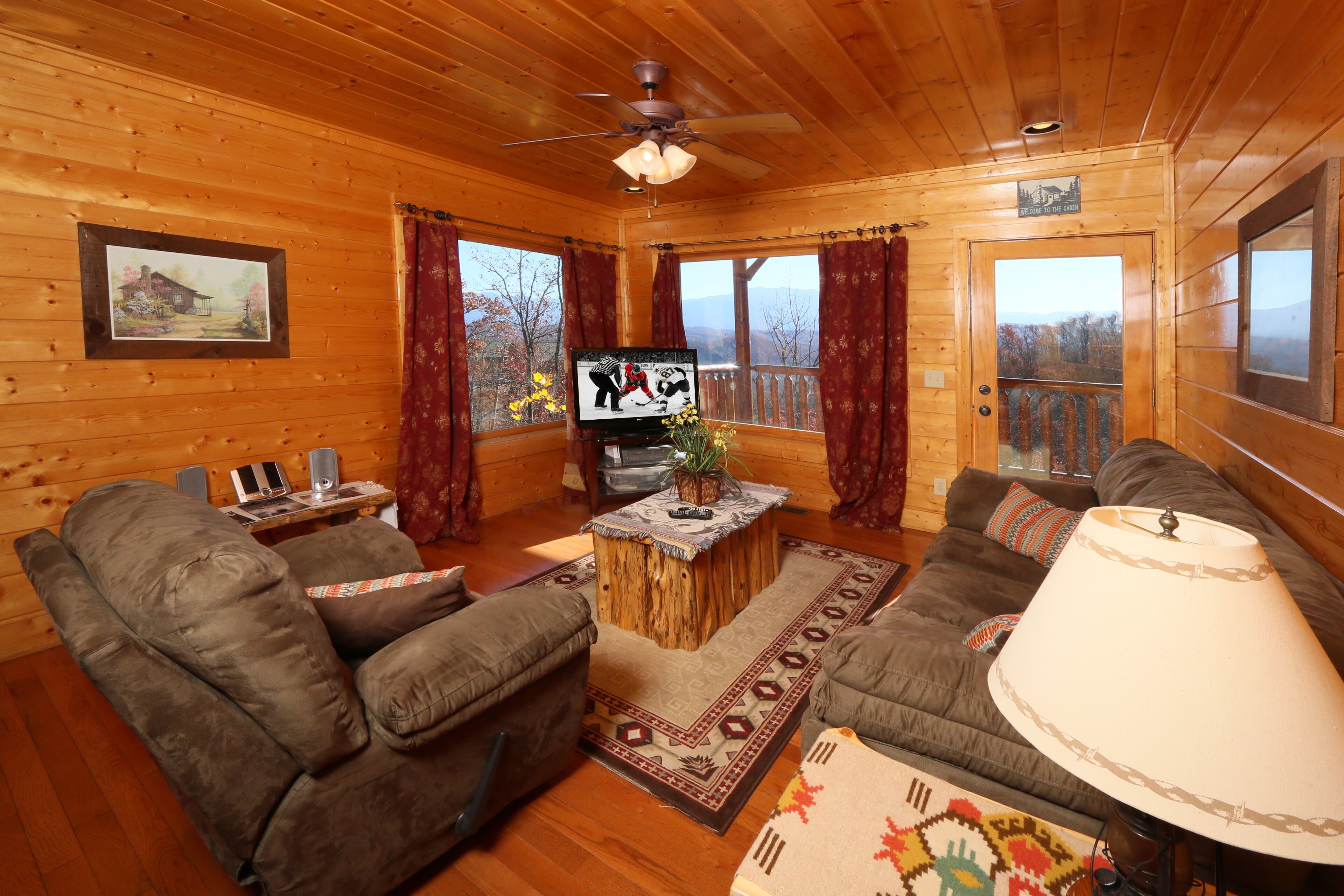 Cabin, Multiple Beds, Hot Tub, Mountain View | Living area | 40-inch flat-screen TV with cable channels, TV, fireplace