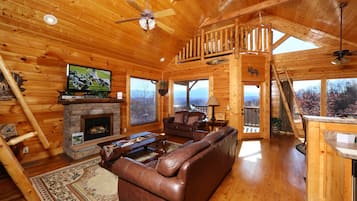 Cabin, Multiple Beds, Hot Tub, Mountain View | Living area | 40-inch flat-screen TV with cable channels, TV, fireplace