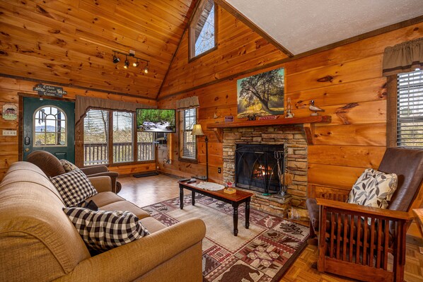 Cabin, Multiple Beds, Hot Tub | Living room | TV, fireplace - Windsong - Two Bedroom Cabin (Sevierville)