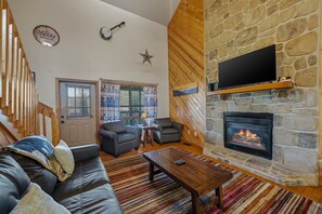 House, Multiple Beds, Hot Tub | Living area | 42-inch flat-screen TV with cable channels, TV, fireplace - Divine Escape - Two Bedroom Chalet (Gatlinburg)