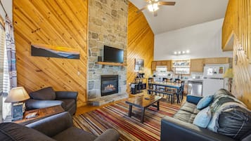 House, Multiple Beds, Hot Tub | Living area | 42-inch flat-screen TV with cable channels, TV, fireplace