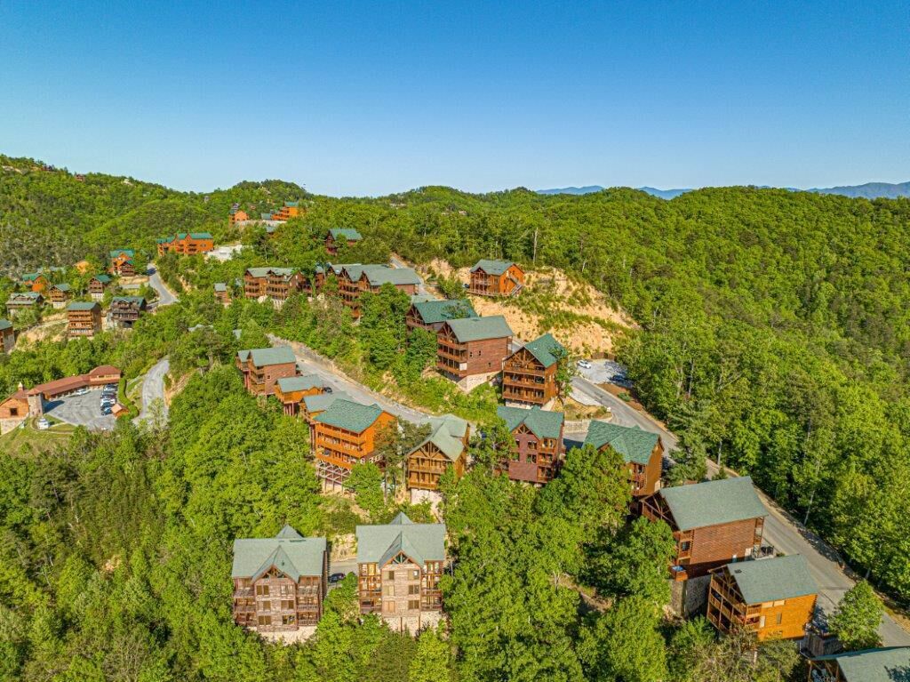A cluster of log cabins with green roofs, surrounded by dense forest, on a hillside.