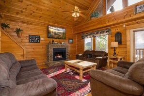 Cabin, Multiple Beds, Hot Tub, Mountain View | Living area | 50-inch flat-screen TV with cable channels, TV, fireplace - Scenic Vista Lodge (Sevierville)
