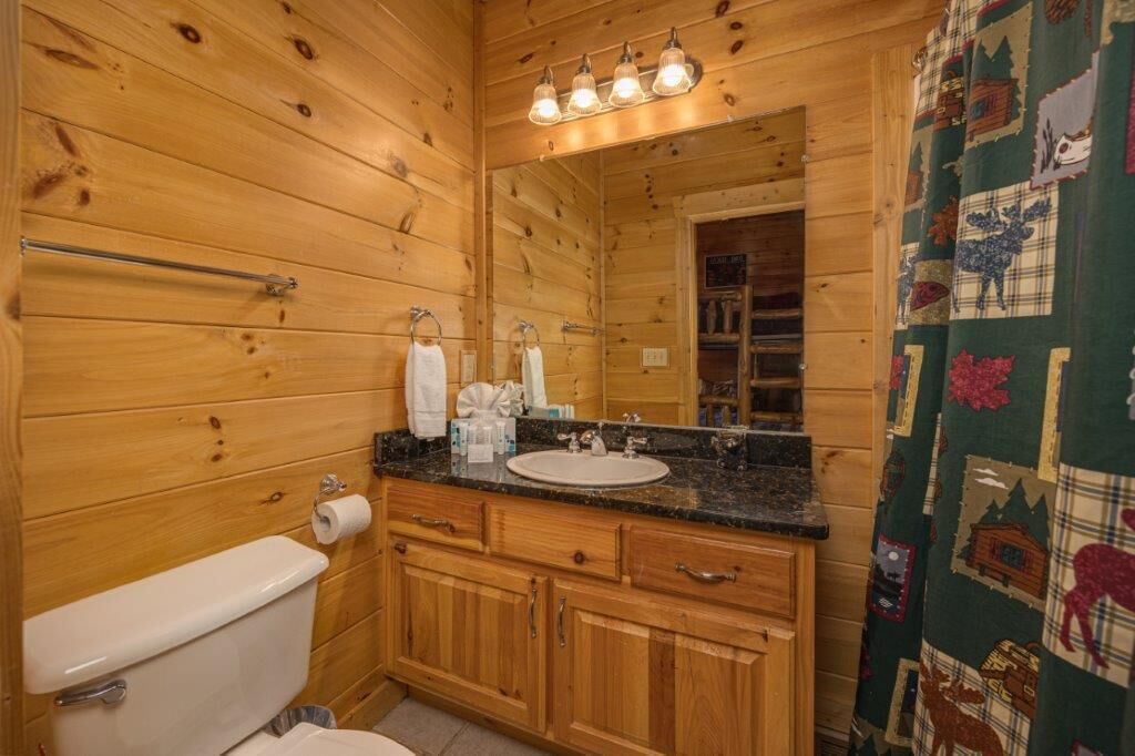 A wooden cabin-style bathroom with a toilet, sink, and vanity.