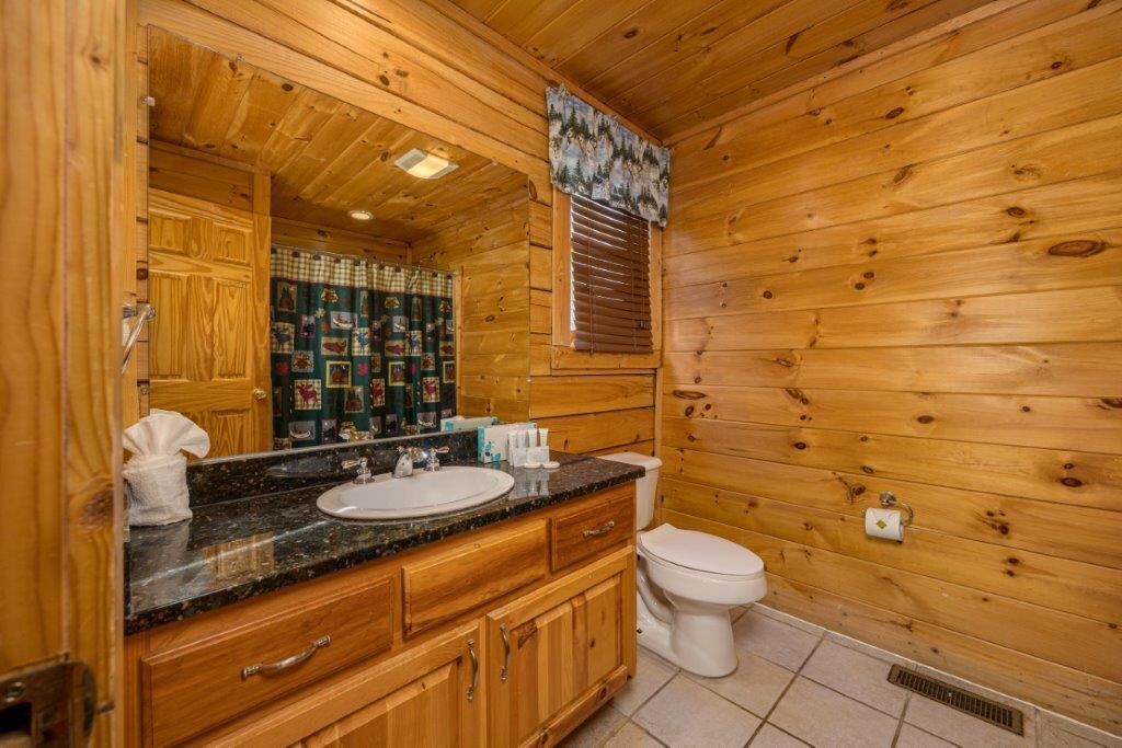 A wooden cabin bathroom with a sink, toilet, and a mirror.