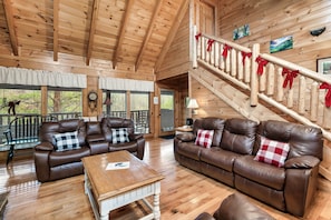 Cabin, Multiple Beds, Hot Tub | Living area | 42-inch flat-screen TV with digital channels, fireplace