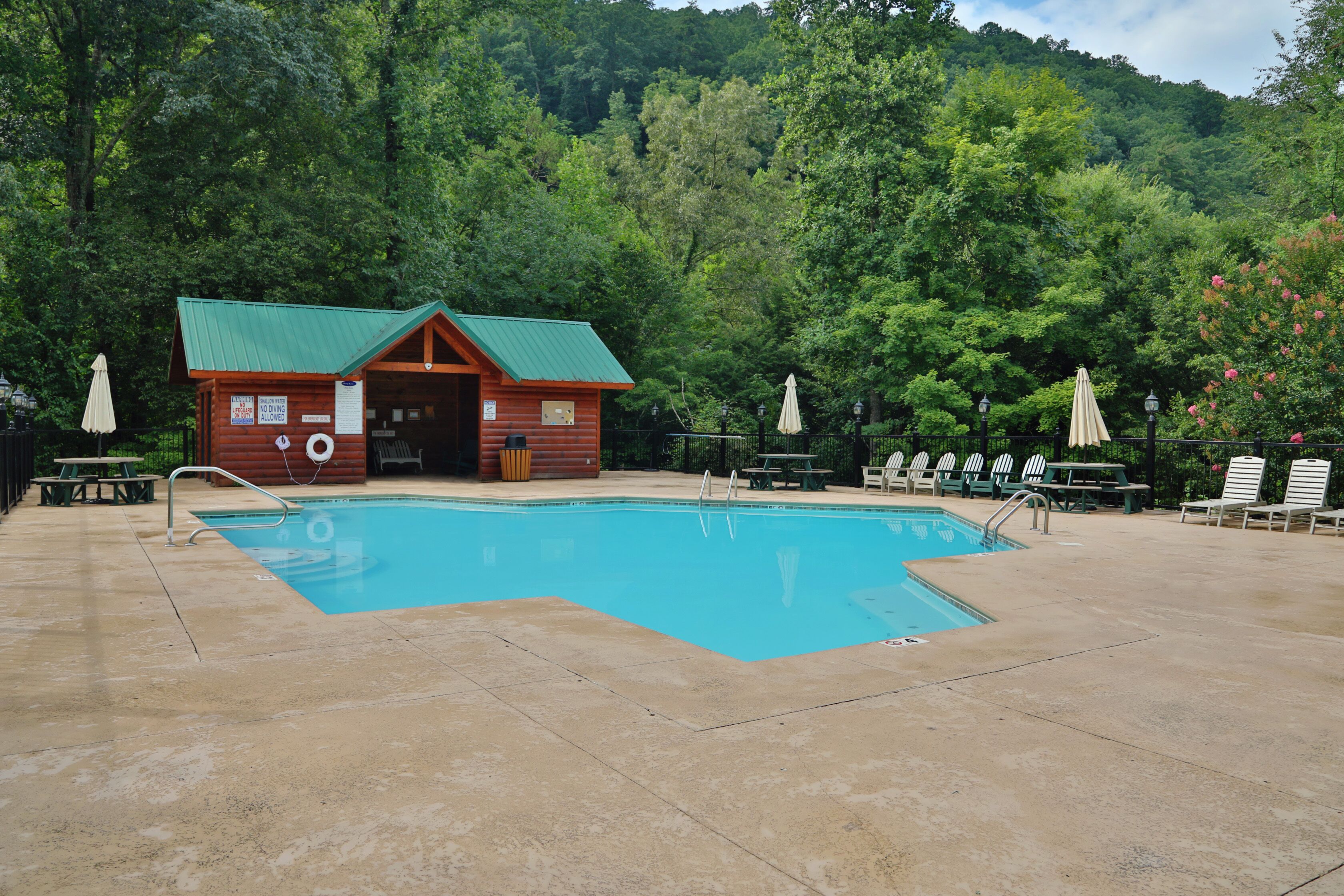 Un espace piscine agrémenté d’un chalet en bois, de tables de pique-nique et de chaises longues.