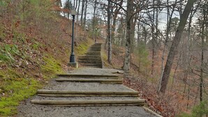 A wooden staircase in a forested area with a gravel path leading up. - Wildwood Falls 4 - Two Bedroom Chalet (Pigeon Forge)