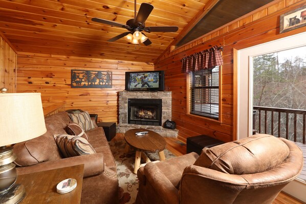 Cabin, Multiple Beds, Hot Tub | Living room | TV, fireplace, MP3 dock - Just Hanging Out - Three Bedroom Cabin (Sevierville)