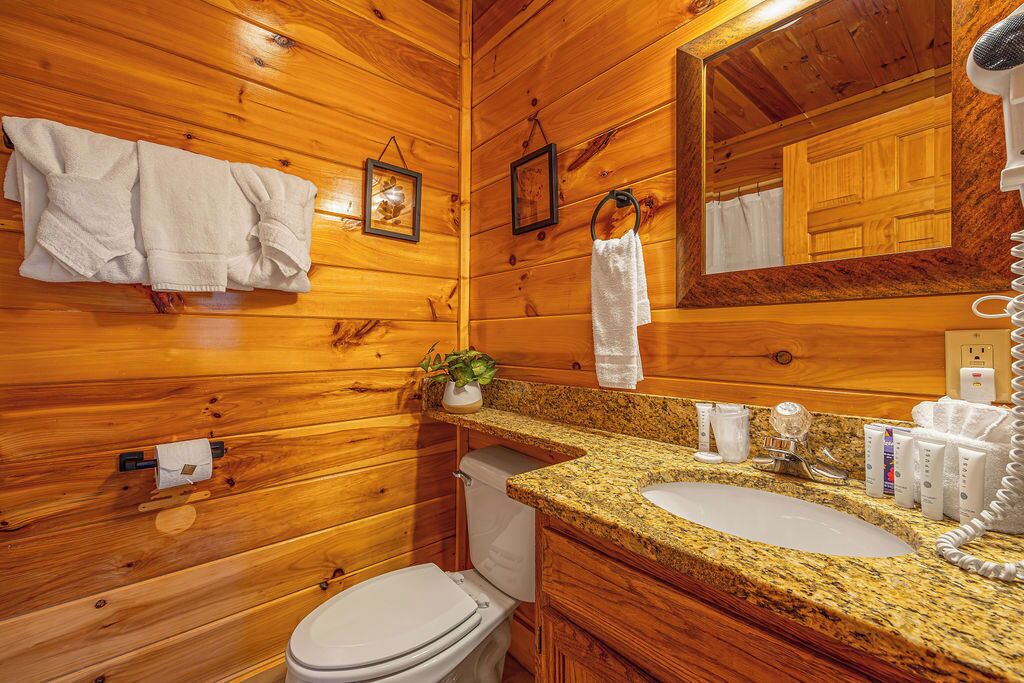 A wooden cabin-style bathroom with a granite countertop sink, a toilet, and a mirror.