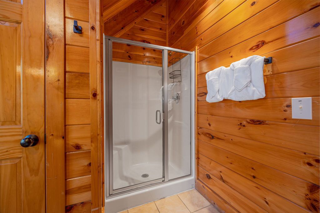 A wooden cabin bathroom with a glass shower door, wooden walls, and a towel rack.