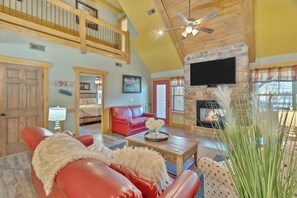 House, Multiple Beds, Private Pool | Living area | 60-inch flat-screen TV with cable channels, TV, fireplace