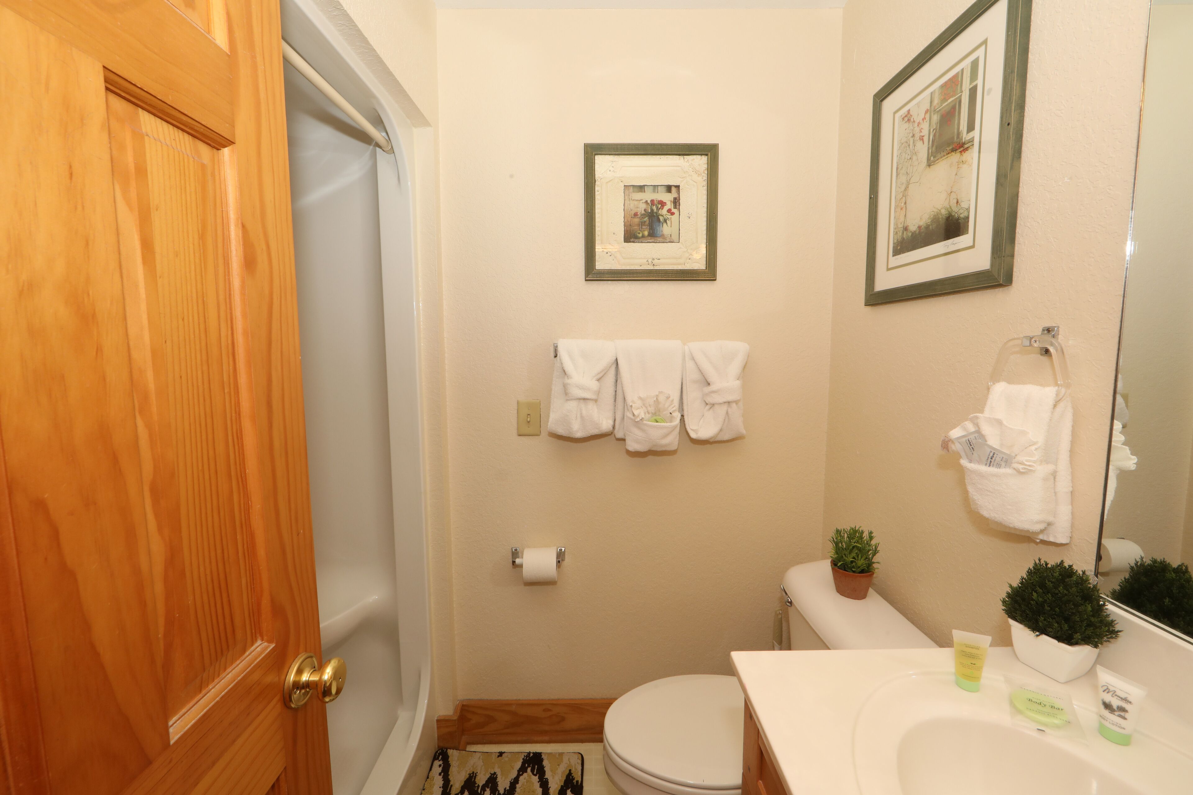 Une salle de bain avec une porte en bois, des toilettes, un lavabo avec des articles de toilette et des tableaux encadrés accrochés au mur.