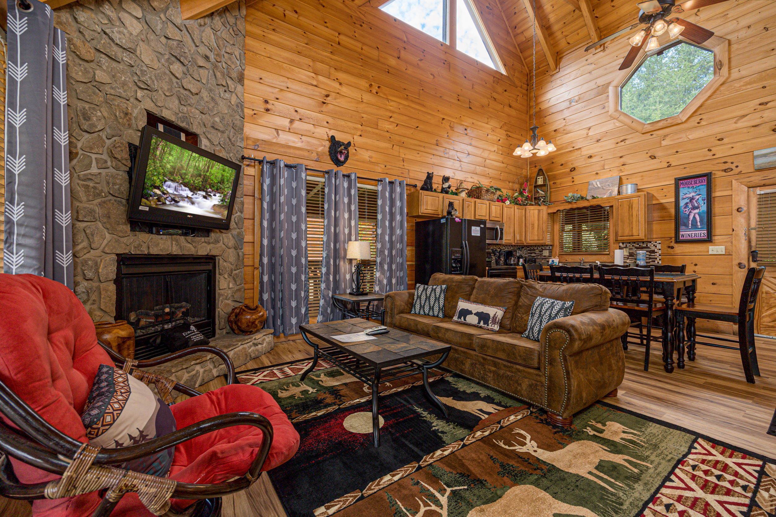 Cabin, Multiple Beds, Hot Tub, Mountain View | Living area | 42-inch flat-screen TV with cable channels, TV, fireplace