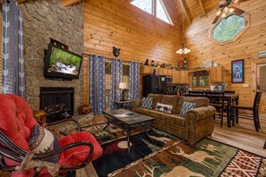Cabin, Multiple Beds, Hot Tub, Mountain View | Living area | 42-inch flat-screen TV with cable channels, TV, fireplace - MooseBehaving - Two Bedroom Cabin (Sevierville)