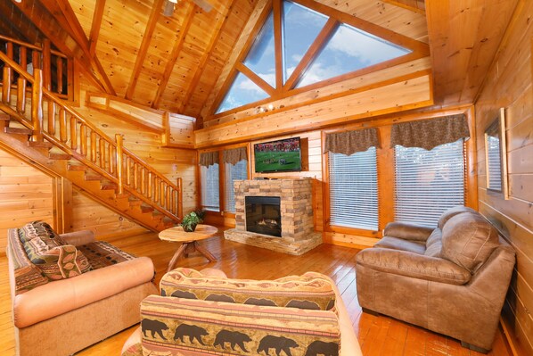 Cabin, Multiple Beds, Hot Tub | Living room | TV, fireplace - Smoky Mountain Cinema - Six Bedroom Cabin (Sevierville)