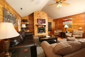 House, Multiple Beds, Hot Tub | Living area | 42-inch flat-screen TV with cable channels, TV, fireplace