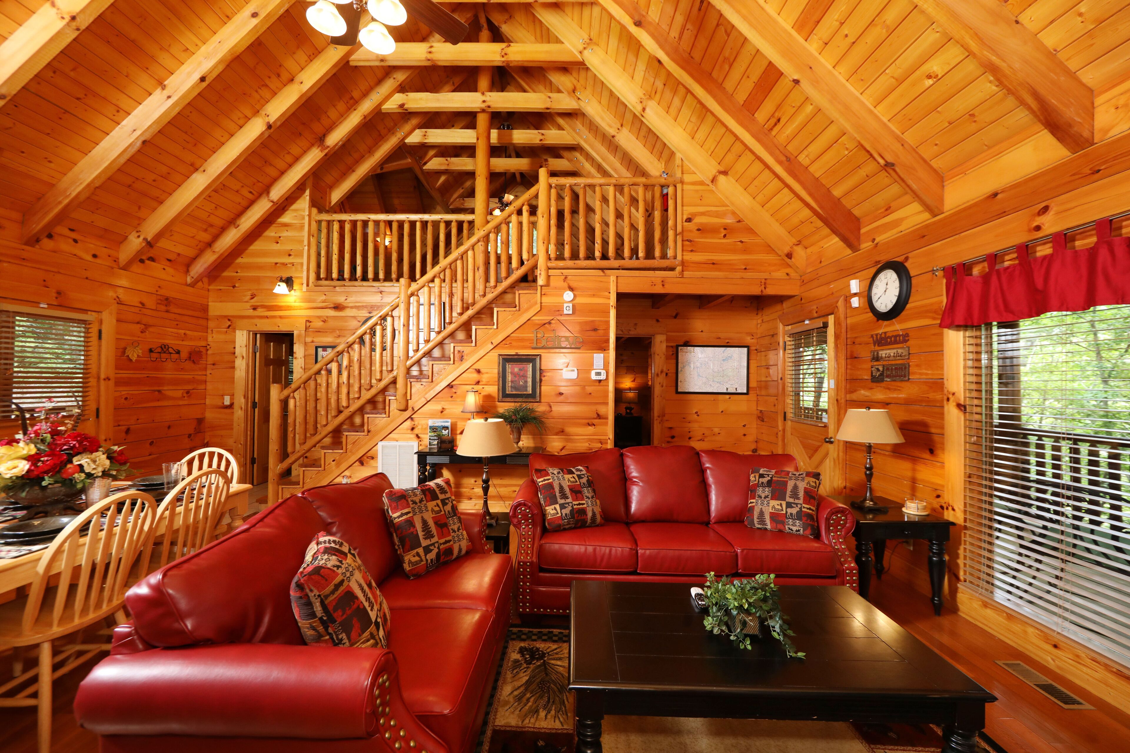 Cabin, Multiple Beds, Hot Tub | Living area | 35-inch flat-screen TV with cable channels, TV, fireplace