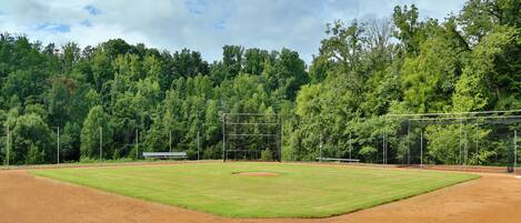 Un campo de béisbol con cielo despejado, rodeado de árboles frondosos.