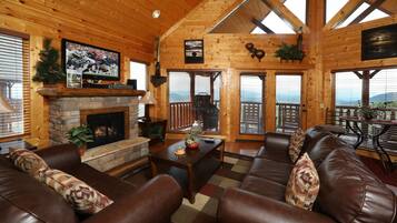 Cabin, Multiple Beds, Hot Tub, Mountain View | Living area | 42-inch flat-screen TV with cable channels, TV, fireplace