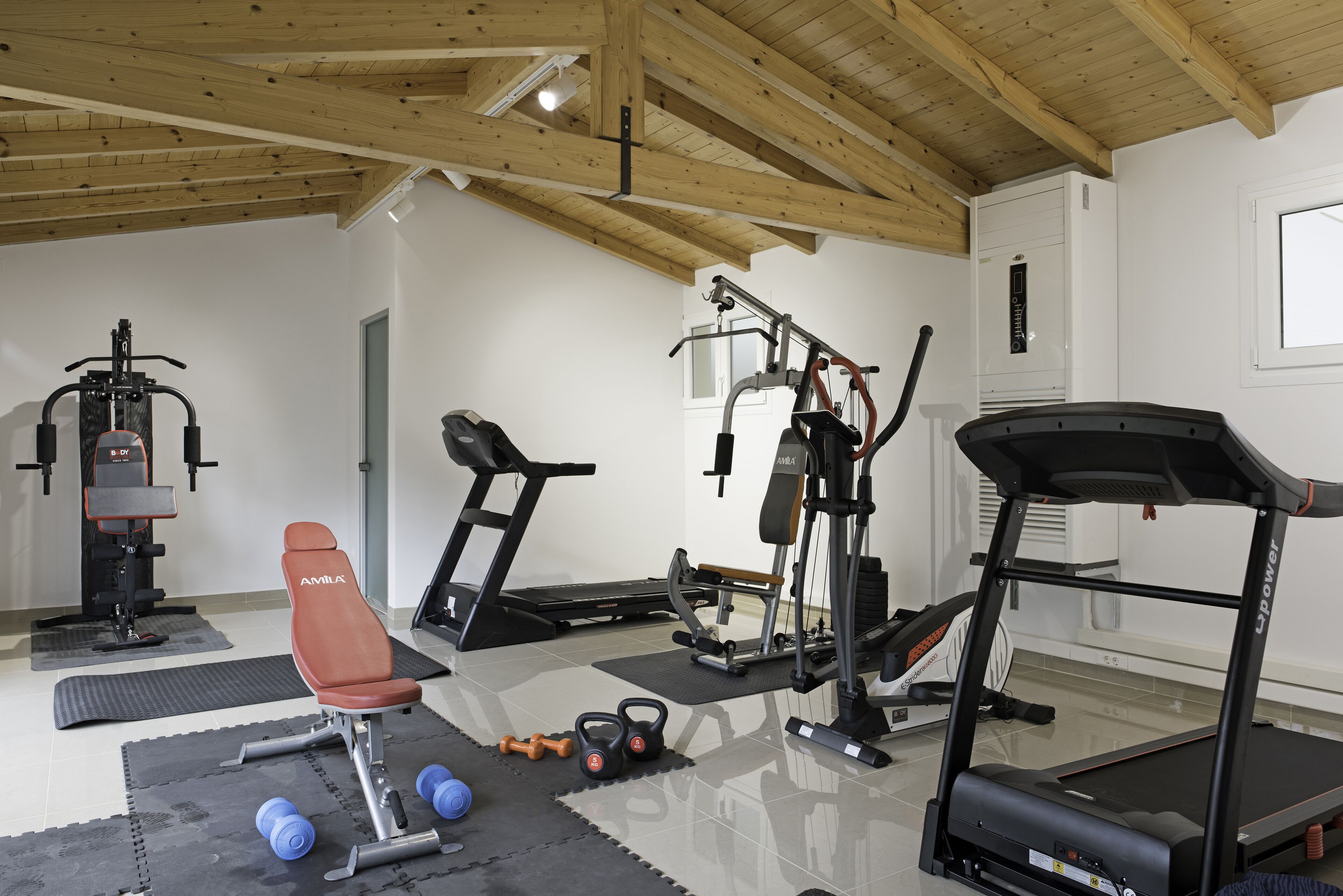 A gym with a bench, dumbbells, a treadmill, and various exercise machines.