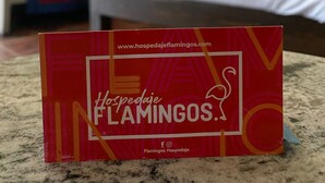 A hotel room with a bed, a nightstand, and a red sign on the floor. - Hotel Flamingos (Guadalajara)