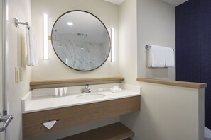 Rainfall showerhead, eco-friendly toiletries, hair dryer, towels