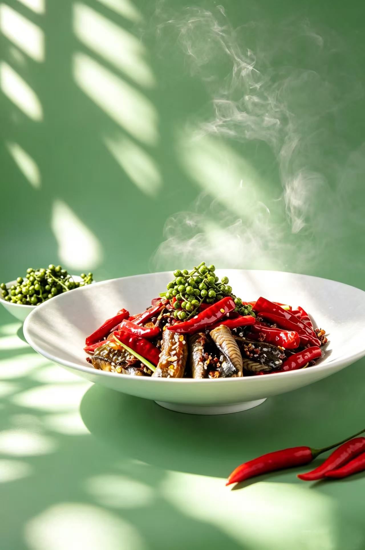 Un plato de comida con pimientos verdes y chiles rojos sobre una superficie verde.