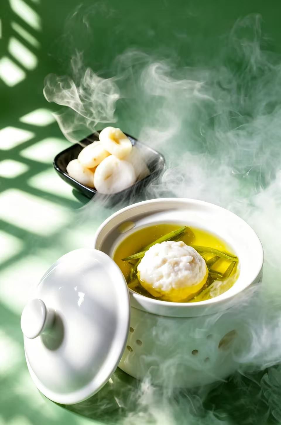 Una tetera amb tapa, un bol amb un bunynet, i un plat petit amb bunynets, tots emanant vapor.