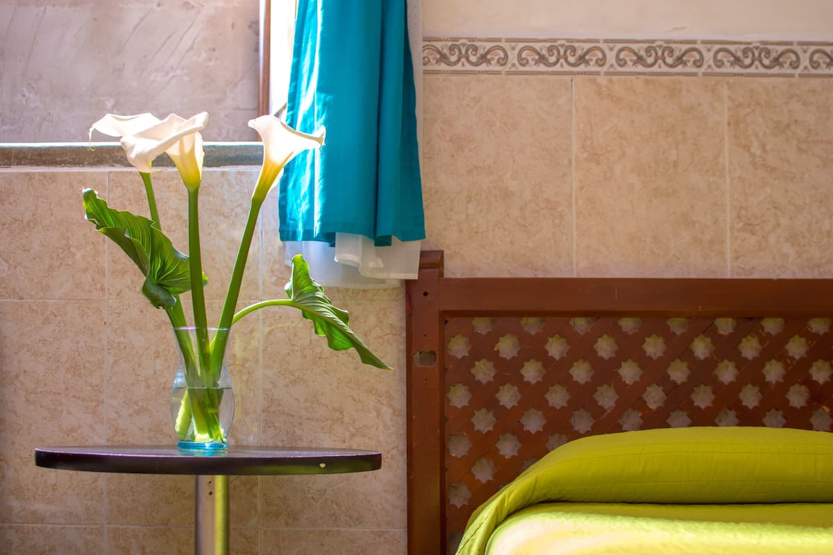 Une salle de bain avec un lit, une fenêtre ornée d’un rideau bleu et un vase rempli de fleurs posé sur une petite table.